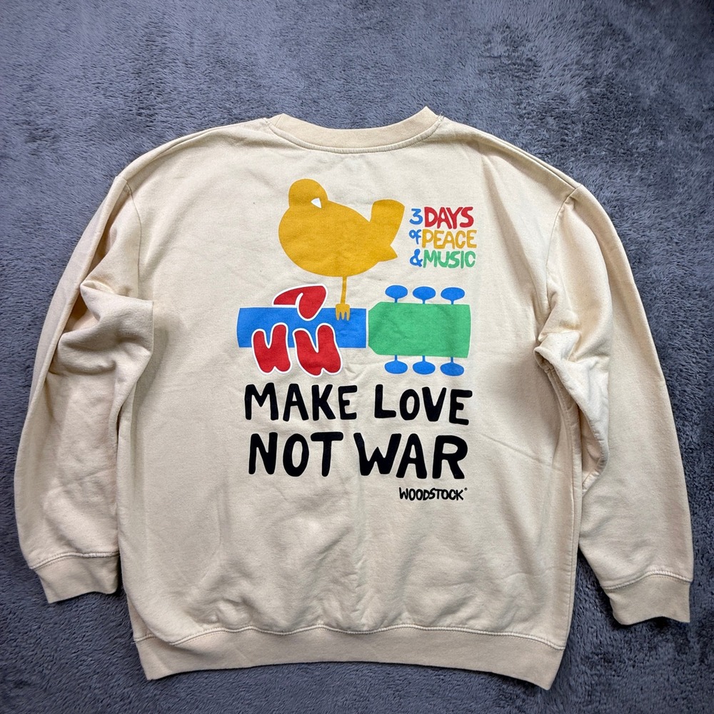 Woodstock Sweatshirt Mens XL Cream Fleece Make Love Not War Retro Graphic